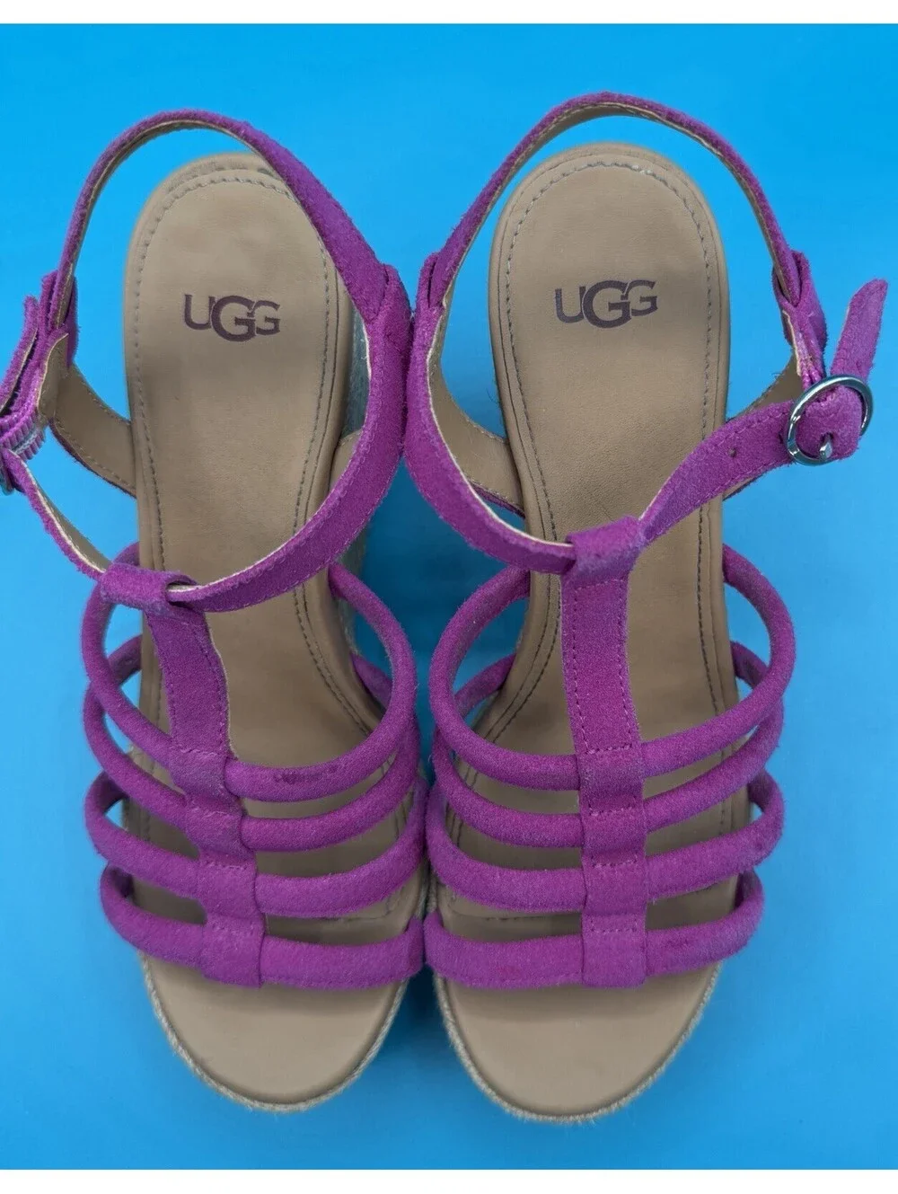 UGG Cressida Vibrant Purple Suede Strappy Sandals Jute Wrapped Wedge Heel Size 7